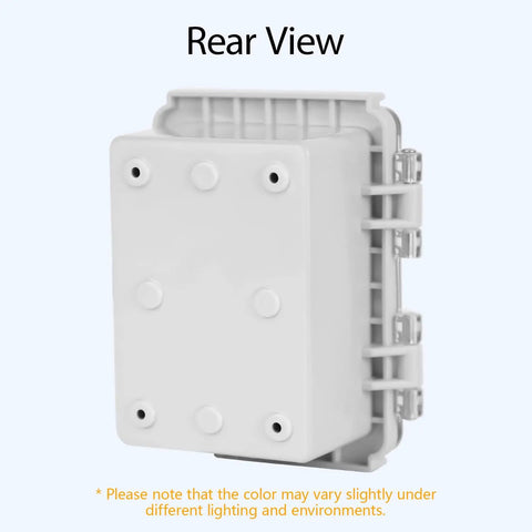 Rear view of IP67 Waterproof Electrical Junction Box With Hinged Clear Cover And Stainless Steel Latch, durable ABS, 4.7x3.5x2.7 size.