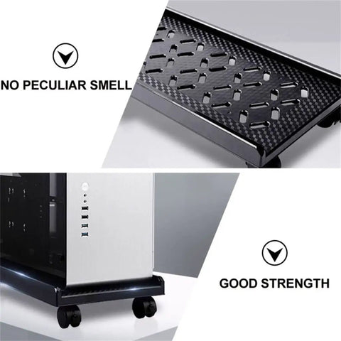 Rig Ready Rolling Computer Tower Stand With Top Tier Crossflow Ventilation And Smooth Glide Casters for PC case holder showing robust design and ventilation slits.
