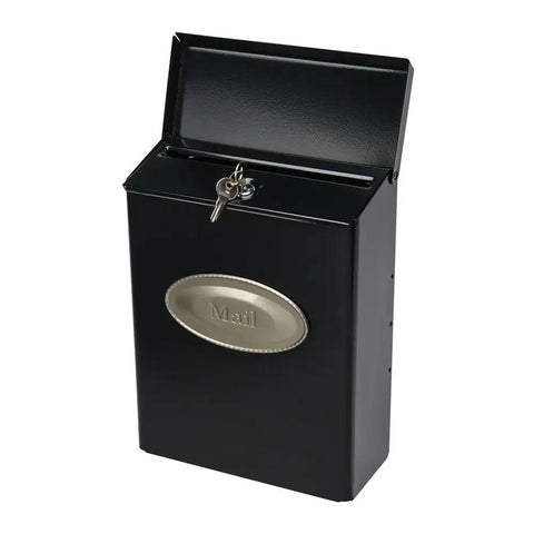 Locking Wall Mount Mailbox In Black Galvanized Steel With Medium Capacity For Covered Areas Heavy Duty Powder Coated Finish