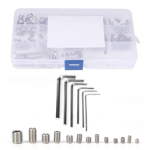 340 Piece Stainless Steel Set Screw Kit With Hex Adapters And Six Wrenches For M2.5 To M8 Machine Screws in clear organizer