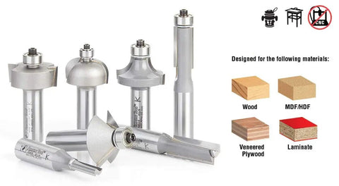 7 Pc Heavy Duty Carbide Tipped Router Bit Set With Solid One Half Inch Shank No Frills Woodworking Kit showcasing various router bits.