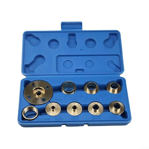 No Sweat Routing 10 Piece Brass Router Guide Bushing Kit With Acrylic Template Base Plate Centering Pin Covers 10mm To 30mm in blue case.
