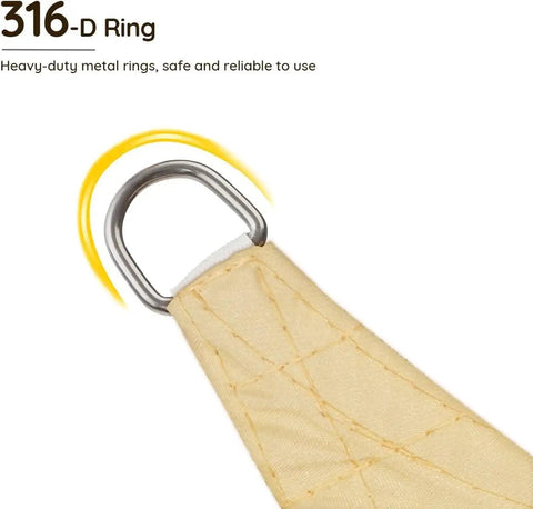 Stainless steel D-ring on Outdoor Shade Sail 185GSM Polyester Fabric With 98 Percent UV Block Waterproof Sun Shelter