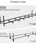 Comparison of 14-leg and 6-leg outdoor log stackers, emphasizing stability of Eight Foot Outdoor Firewood Rack Holder With Fourteen Support Legs.