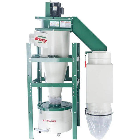 2 Horsepower Dual Filtration HEPA Cyclone Dust Collector with 35 Gal drum, designed for effective woodshop cleanup.
