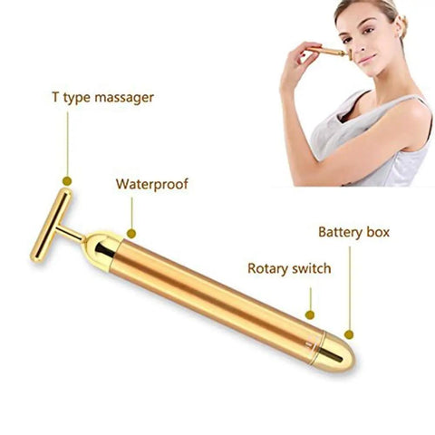 24K Gold Pulse Facial Massager T Shape Electric Face Massage Tool For Sensitive Skin Tightening Firming Lifting Anti Aging Skincare Gadget For Daily Use Battery Operated At Home Spa Vibe, gold T-head