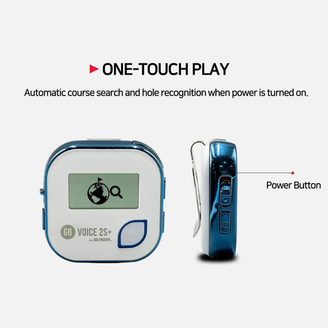 Voice 2S Plus Talking Golf GPS Rangefinder With Clip On Hat Mount, front and side view, including power button and display, blue color