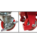 Premium scissor lift table cart caster wheels; red metal frame, two close-up views