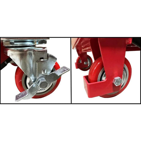 Premium scissor lift table cart caster wheels; red metal frame, two close-up views