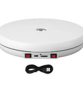 Premium 10 Inch Electric Rotating Display Stand With Bright LED Lights And Zero Noise Motorized Turntable top view with USB cable.