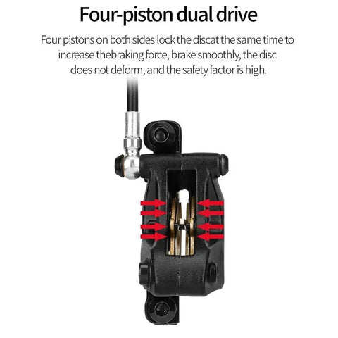 Beefy 4 Piston Hydraulic Disc Brake Set For Mountain And Road Bikes Left Rear 1550mm Aluminum Alloy Calipers And Lever showing calipers