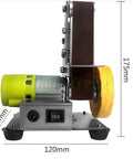 110V 220V Desktop Vertical Mini Electric Belt Sander And Polisher With Pure Copper Motor side view showing size and motor details.