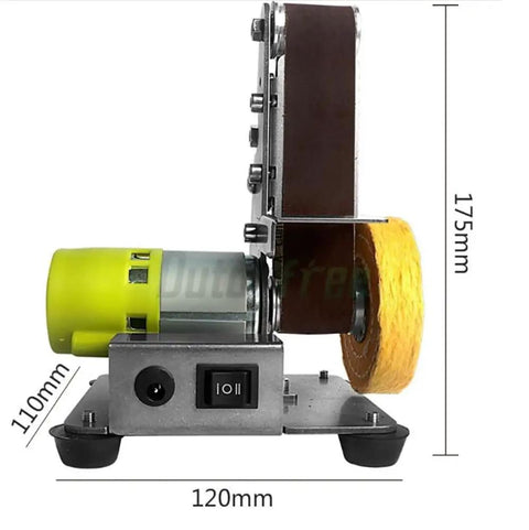 110V 220V Desktop Vertical Mini Electric Belt Sander And Polisher With Pure Copper Motor side view showing size and motor details.