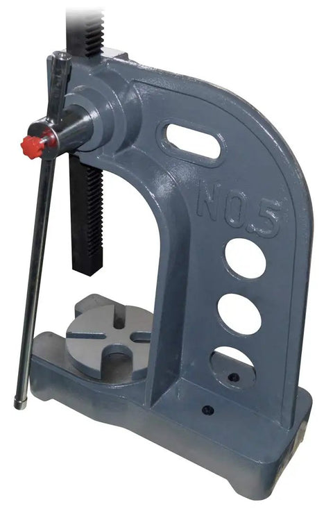 Badge Worthy Badass 5 Ton Arbor Press With Rock Solid Cast Iron Base and Removable Steel Anvil showing sturdy design and components.