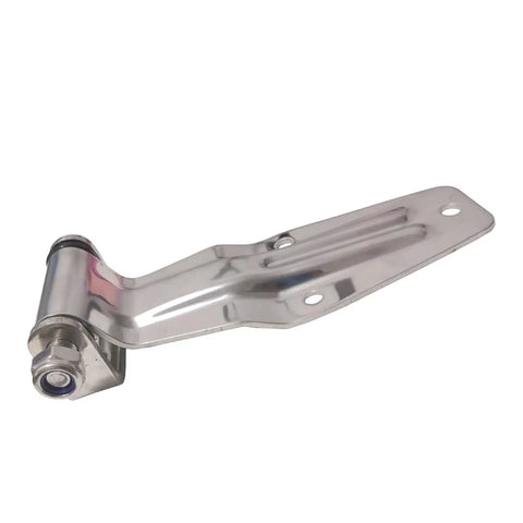 Angle view of sturdy stainless steel container door hinge built to last for refrigerated cabinets delivery vans trucks