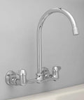 Two Handle High Arc Wall Mount Kitchen Faucet With 6.7 Inch Spout Height 8 Inch Reach Adjustable 7 To 9 Inch Center Distance Brass Body With Solid Chrome Build Ceramic Drip Free Cartridges Water Saving 1.8 Gpm ASME A112.18.1 CSA B125 Certified installed over sink.