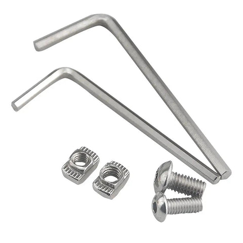 Pro Grade Hammer Head T Slot Nuts And Drop In T Nut Assortment Kit With M4 M5 Fasteners Nickel Plated carbon steel fasteners and dual Allen wrenches.