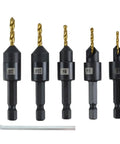 Front view of five titanium-coated countersink drill bits with hex shanks and included L-shaped key