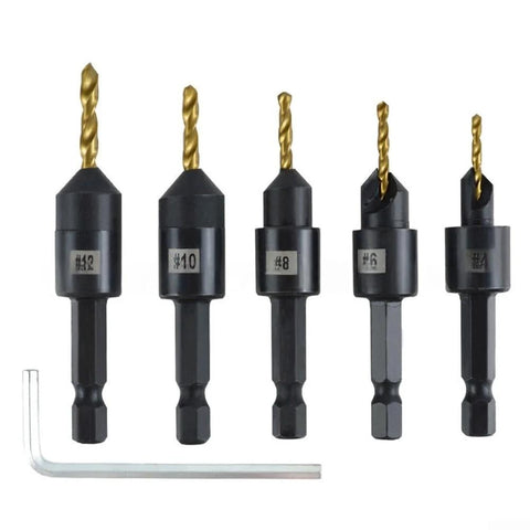Front view of five titanium-coated countersink drill bits with hex shanks and included L-shaped key