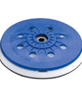 D125 Hard Pad For ETS EC Sander With Multi Jetstream For Rich Dust Extraction, shown front view with blue and white design