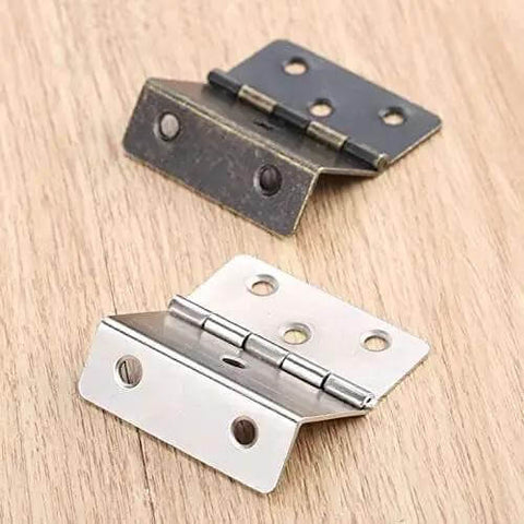 Two Pack 43 By 17mm Zinc Alloy Cabinet Door Hinges For Furniture Decor, antique bronze and silver finish on wooden surface.
