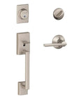 Century Front Entry Handleset With Latitude Lever And Keyed Deadbolt On One Side Satin Nickel Finish, front and side view