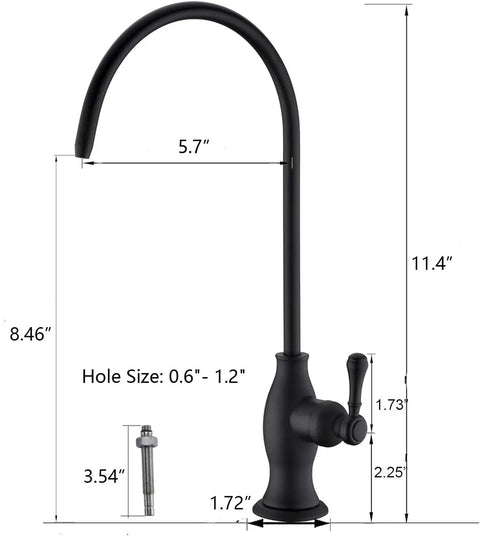 Lead-Free Stainless Steel Water Filter Faucet For Under Sink Filtration System in matte black finish with measurements displayed