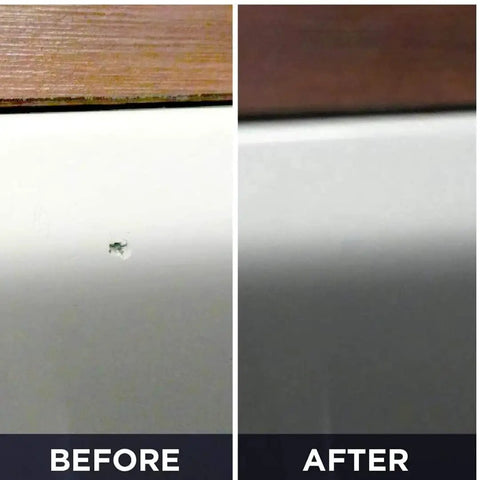 Before and after using 9 Second Chip Fix Oyster White Fiberglass Repair Filler For Boats And Gelcoat One Part Marine Epoxy Putty