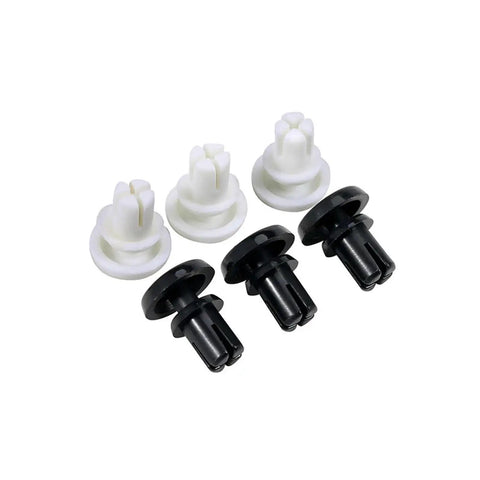 4 nylon rivets, 2 white and 2 black, for quick lock assembly without tools, 500 Piece R Type Nylon Rivets For Quick Lock Assembly No Tools Required Hella Durable Hardware For Thin Parts And Smooth Game Changing Installations That Are Totally Legit.