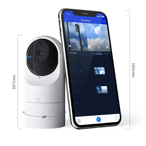 G3 Flex 1080p Indoor Outdoor Security Cam With Night Vision And HDR next to a smartphone showing camera app interface.