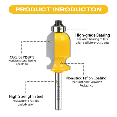 Master Slick Woodwork With This Killer Architectural Molding Router Bit Set Boasting Three Classic Profiles And A Secure Quarter Inch Shank Ideal For Hella Fast Furniture Crafting And Cabinetry Work Needing Pro Level Precision No Setup Hassle - Detailed view of yellow router bit showing carbide inserts, high-grade bearing, and Teflon coating.
