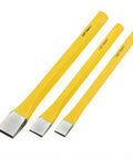Pro Grade Punch And Chisel Set with visible flat chisel in varying sizes for metalworking auto repair hardened steel ergonomic grip