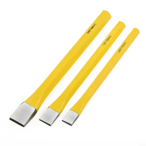 Pro Grade Punch And Chisel Set with visible flat chisel in varying sizes for metalworking auto repair hardened steel ergonomic grip