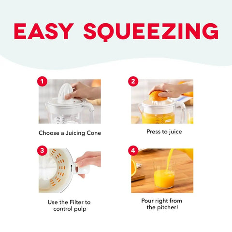 Step-by-step guide to using Dash Dual Electric Citrus Juicer Machine With Auto Reversing Reamer And Adjustable Pulp Control.