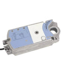 Heavy Duty 3 Position Rotary Air Damper Actuator With Rock Solid 35 Nm Torque And Snappy 150 Second Response For Main Air Ducts Up To 6 Square Meters That Plays Nice With Controls Always, showing a silver and blue actuator side view.