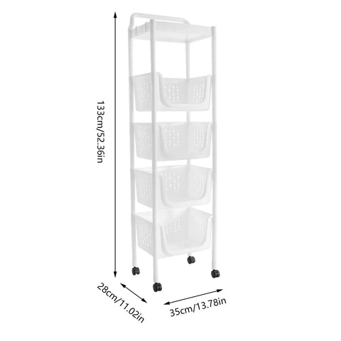 Five Tier Floor Standing Fruit And Vegetable Storage Basket featuring ventilated plastic bins, 133cm tall with wheels.