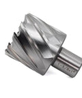 Angled front view of a silver annular cutter with Weldon shank, 1-5/8 in diameter