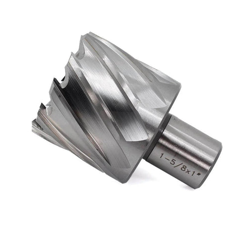Angled front view of a silver annular cutter with Weldon shank, 1-5/8 in diameter