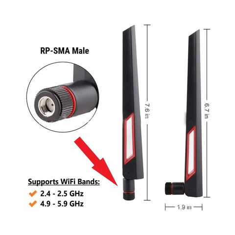 Boost Your WiFi With A 10dBi Tri Band External Antenna Pair Using RP SMA Connectors Black And Red, size comparison next to ruler.