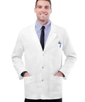 Legit Day Shift Ready Mens Snap Front Lab Coat In Crisp White With Breezy Stretch Fabric For Nurses Doctors And Med Students Solid Comfort Heavy Duty Professional Attire, worn by a man with a smile.