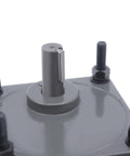 Front view of gray 110V AC gear reduction motor with vertical output shaft and four mounting bolts