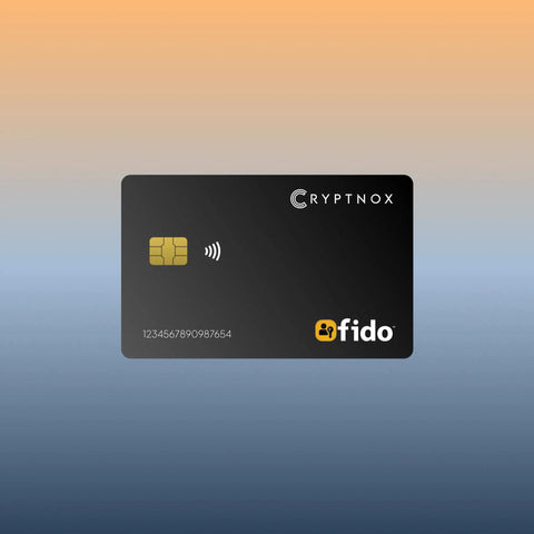 Black FIDO2 NFC Security Key For 2FA And Passwordless Login, card-format with chip and wireless symbol on gradient background