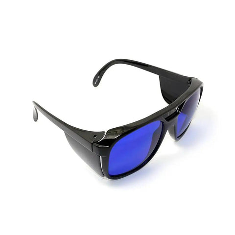 Heavy Duty Laser Safety Goggles For Red Diode Laser Protection OD 5 Plus 600 To 700 Nm Wavelength with blue lenses and black frame.