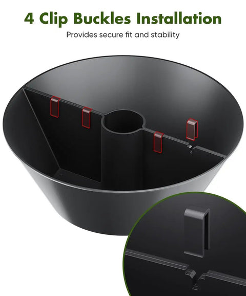 No Fuss 2 In 1 Umbrella Planter For Patio Table And Pole With Umbrella Hole Fits Poles Up To Two Inches Diameter Half Round Flower Pots Wrap Around PVC Post Black showing 4 clip buckles installation