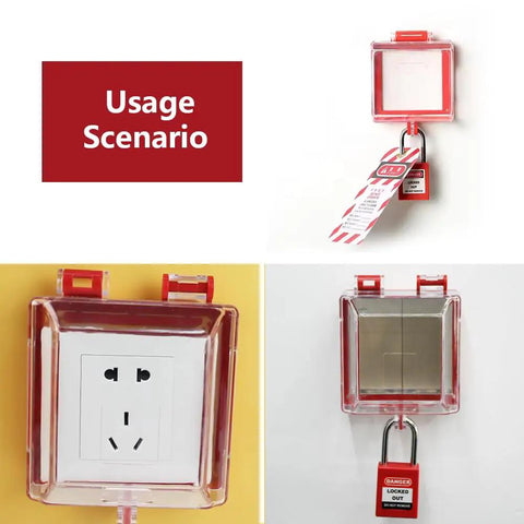 Two Pack Emergency Stop Push Button Lockout Cover Kit with Transparent Red Heavy Duty Resin Guard in industrial usage scenario