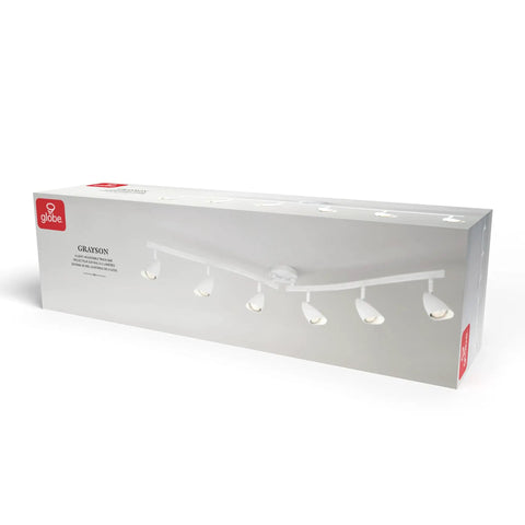 Packaging of 52 Inch Six Light S Shaped Track Lighting Kit In A Cool Matte Black Finish With Adjustable Heads and Pivot Shades.
