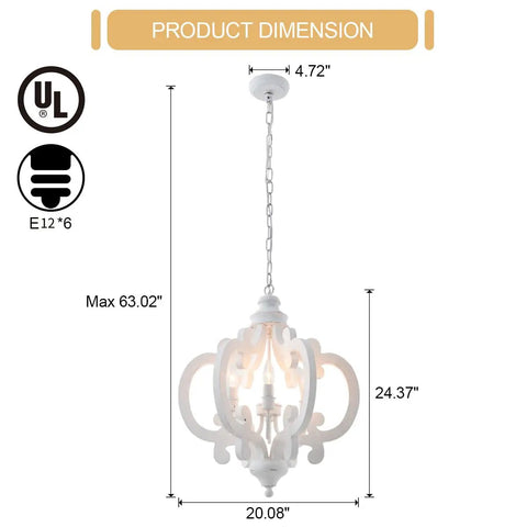 Farmhouse Six Light Wood Chandelier In Distressed White With Cozy Vibe And Warm Glow, dimensions and UL listed.