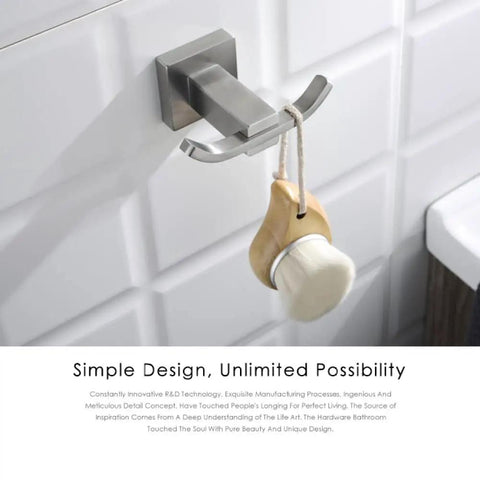 Slick Brushed Stainless Steel Double Robe Hooks With No Hassle Wall Mount For Bathroom And Shower Beefy Coat And Hat Hangers Modern Compact Design Quick Install Four Pack Hardware Set with shaving brush.
