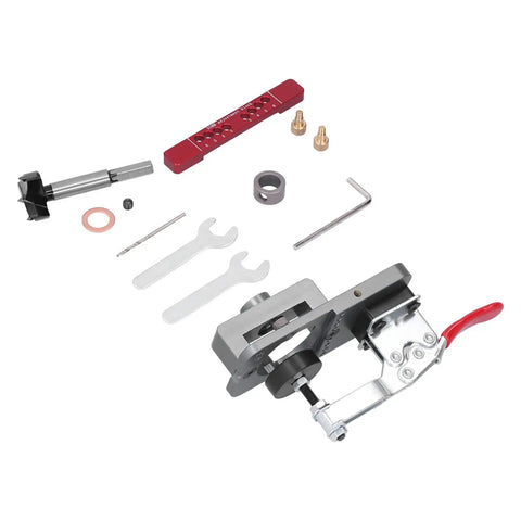 Top Notch Aluminum Alloy Hinge Hole Locator Jig For 35mm Cup Holes With Adjustable Drilling Positioner Tool and accessories laid out.