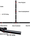 Diagram showing assembly of a 100Pcs Drip Irrigation Connectors Fittings Kit For One Half Inch Tubing using barbed connectors.
